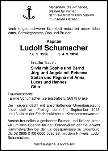 Traueranzeige von Ludolf Schumacher von Nordwest-Zeitung
