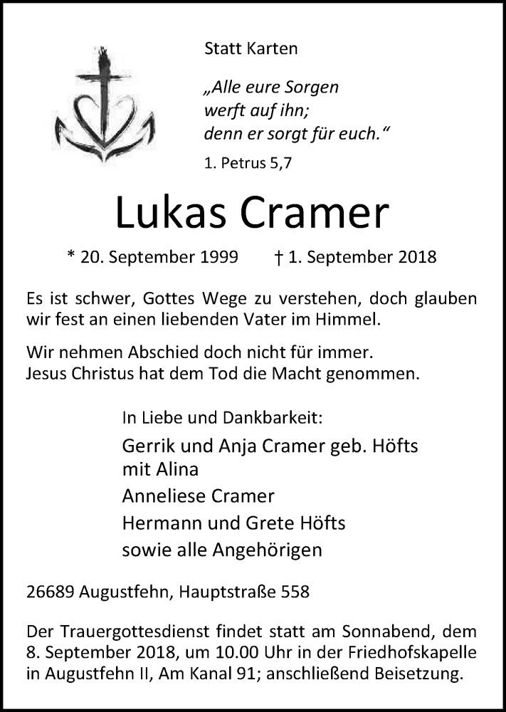  Traueranzeige für Lukas Cramer vom 05.09.2018 aus Nordwest-Zeitung