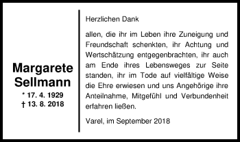 Traueranzeige von Margarete Sellmann von Nordwest-Zeitung