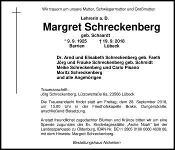 Traueranzeige von Margret Schreckenberg von Nordwest-Zeitung