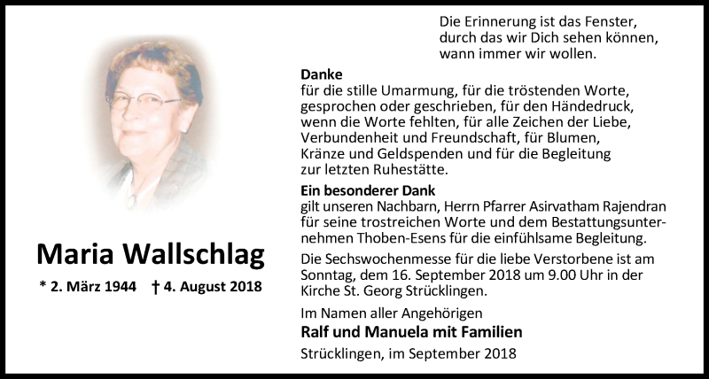  Traueranzeige für Maria Wallschlag vom 13.09.2018 aus Nordwest-Zeitung