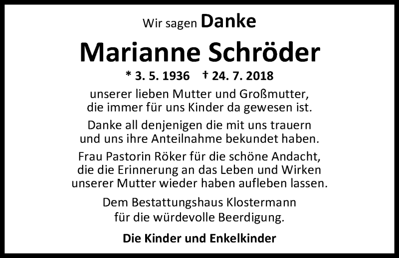  Traueranzeige für Marianne Schröder vom 01.09.2018 aus Nordwest-Zeitung