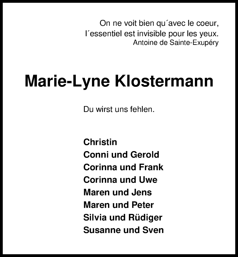  Traueranzeige für Marie-Lyne Klostermann vom 20.09.2018 aus Nordwest-Zeitung