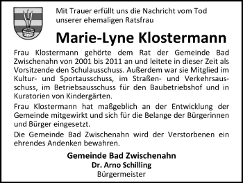 Traueranzeige von Marie-Lyne Klostermann von Nordwest-Zeitung