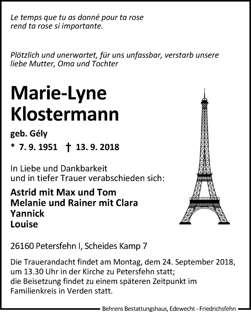  Traueranzeige für Marie-Lyne Klostermann vom 20.09.2018 aus Nordwest-Zeitung