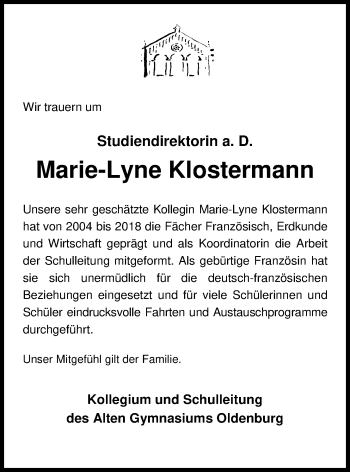 Traueranzeige von Marie-Lyne Klostermann von Nordwest-Zeitung