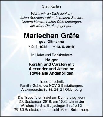 Traueranzeige von Mariechen Gräfe von Nordwest-Zeitung