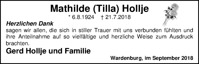  Traueranzeige für Mathilde Hollje vom 15.09.2018 aus Nordwest-Zeitung