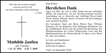 Traueranzeige von Mathilde Janßen von Nordwest-Zeitung