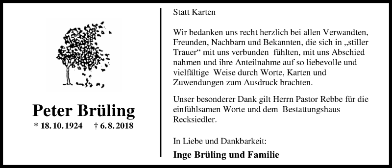  Traueranzeige für Peter Brüling vom 29.09.2018 aus Nordwest-Zeitung