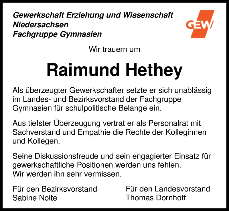  Traueranzeige für Raimund Hethey vom 08.09.2018 aus Nordwest-Zeitung