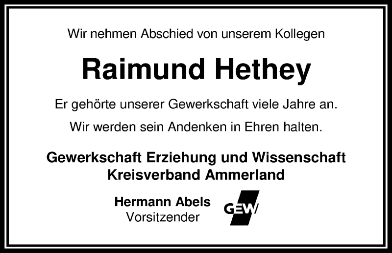  Traueranzeige für Raimund Hethey vom 08.09.2018 aus Nordwest-Zeitung