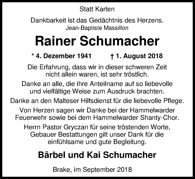 Traueranzeige für Rainer Schumacher vom 07.09.2018 aus Nordwest-Zeitung