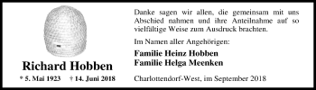 Traueranzeige von Richard Hobben von Nordwest-Zeitung