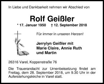Traueranzeige von Rolf Geißler von Nordwest-Zeitung