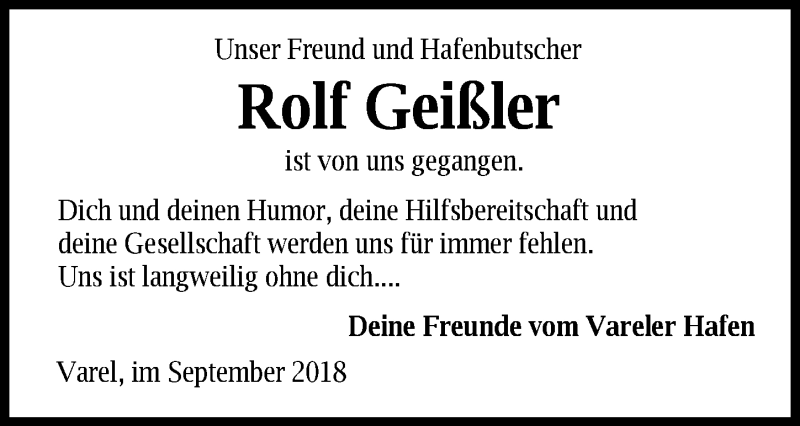  Traueranzeige für Rolf Geißler vom 25.09.2018 aus Nordwest-Zeitung
