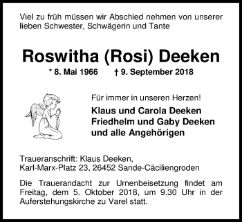 Traueranzeige von Roswitha (Rosi) Deeken von Nordwest-Zeitung