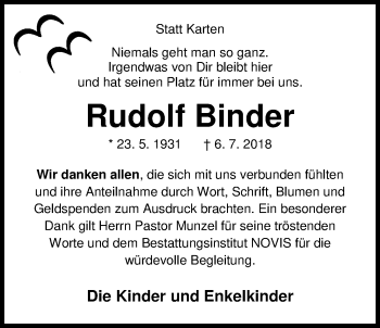 Traueranzeige von Rudolf Binder von Nordwest-Zeitung