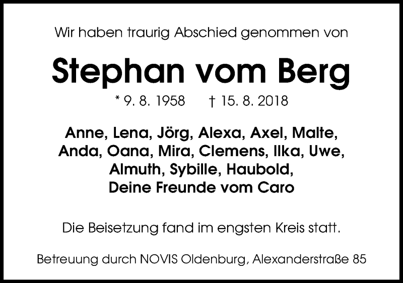 Traueranzeige für Stephan Vom Berg vom 22.09.2018 aus Nordwest-Zeitung