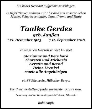 Traueranzeige von Taalke Gerdes von Nordwest-Zeitung