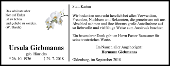 Traueranzeige von Ursula Giebmanns von Nordwest-Zeitung