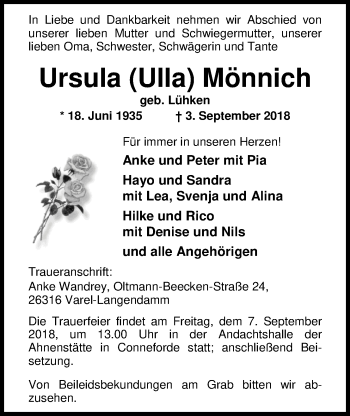 Traueranzeige von Ursula Mönnich von Nordwest-Zeitung