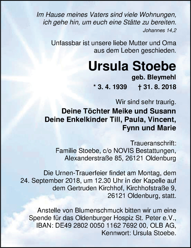  Traueranzeige für Ursula Stoebe vom 15.09.2018 aus Nordwest-Zeitung