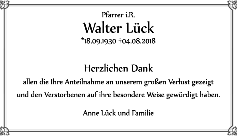 Traueranzeige für Walter Lück vom 22.09.2018 aus Nordwest-Zeitung