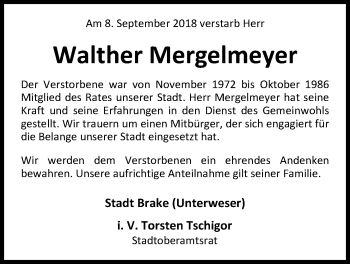 Traueranzeige von Walther Mergelmeyer von Nordwest-Zeitung