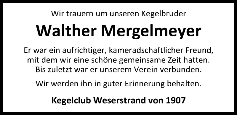  Traueranzeige für Walther Mergelmeyer vom 12.09.2018 aus Nordwest-Zeitung