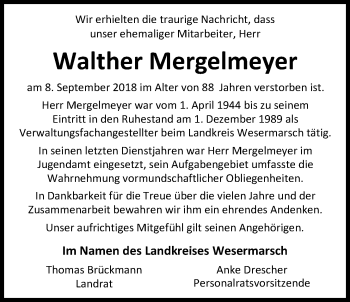 Traueranzeige von Walther Mergelmeyer von Nordwest-Zeitung