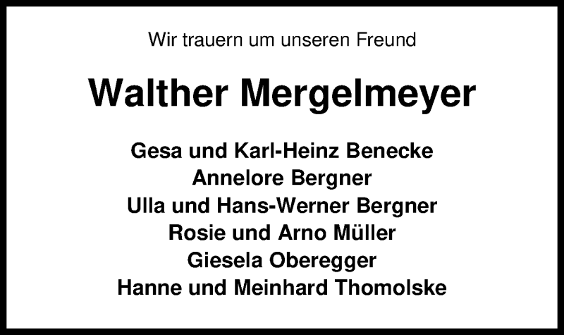  Traueranzeige für Walther Mergelmeyer vom 12.09.2018 aus Nordwest-Zeitung