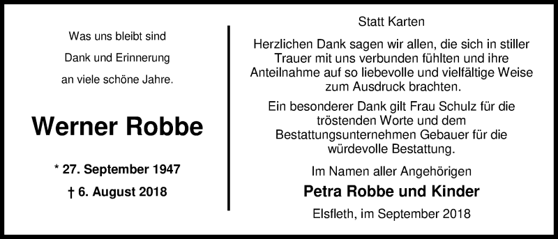  Traueranzeige für Werner Robbe vom 15.09.2018 aus Nordwest-Zeitung