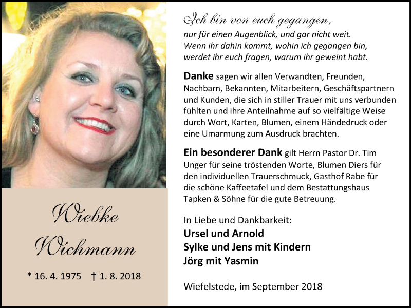  Traueranzeige für Wiebke Wichmann vom 29.09.2018 aus Nordwest-Zeitung