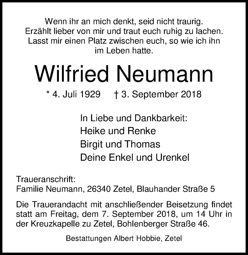  Traueranzeige für Wilfried Neumann vom 05.09.2018 aus Nordwest-Zeitung