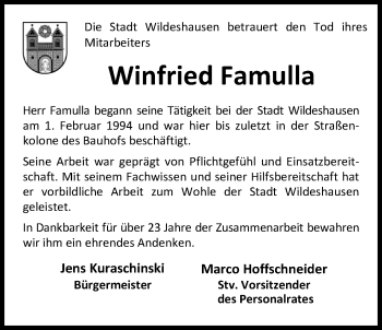 Traueranzeige von Winfried Famulla von Nordwest-Zeitung