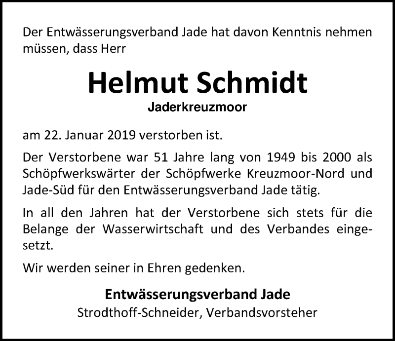  Traueranzeige für Helmut Schmidt vom 26.01.2019 aus Nordwest-Zeitung
