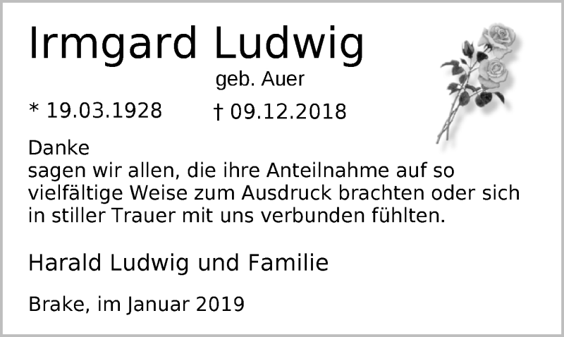  Traueranzeige für Irmgard Ludwig vom 12.01.2019 aus Nordwest-Zeitung