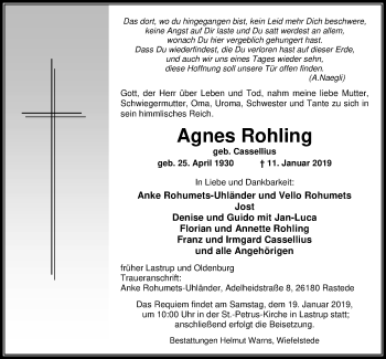 Traueranzeige von Agnes Rohling von Nordwest-Zeitung