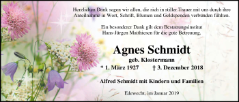 Traueranzeige von Agnes Schmidt von Nordwest-Zeitung