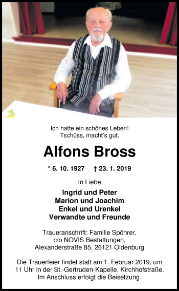 Traueranzeige von Alfons Bross von Nordwest-Zeitung