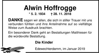 Traueranzeige von Alwin Hoffrogge von Nordwest-Zeitung