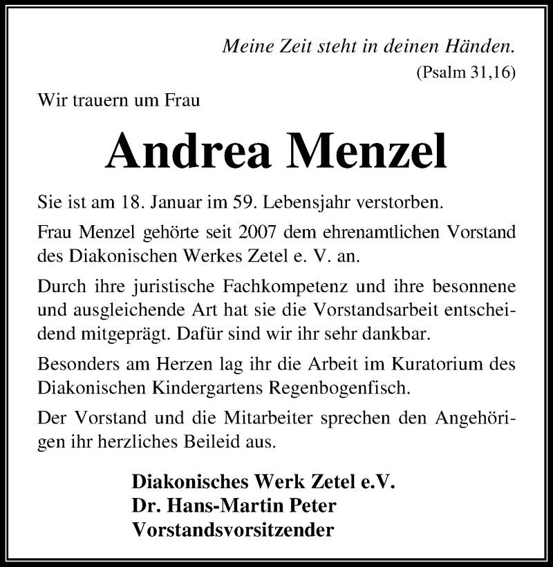 Traueranzeige für Andrea Menzel vom 22.01.2019 aus Nordwest-Zeitung