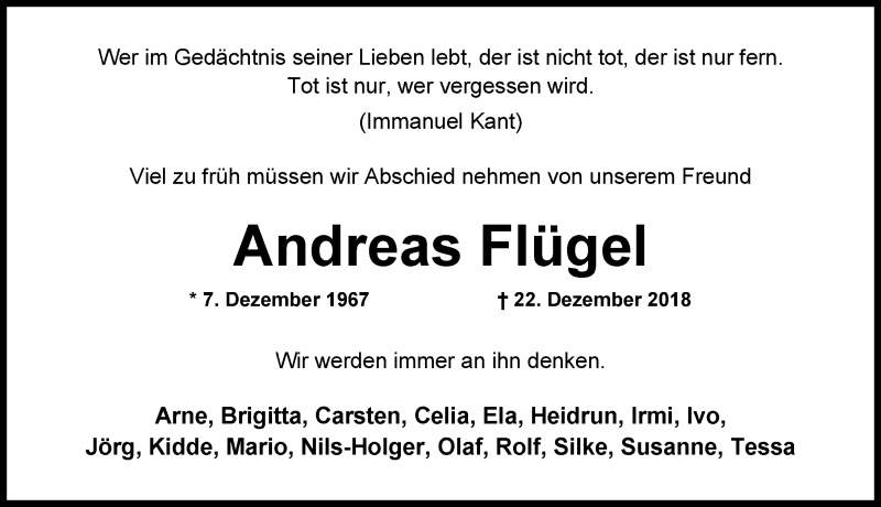  Traueranzeige für Andreas Flügel vom 05.01.2019 aus Nordwest-Zeitung