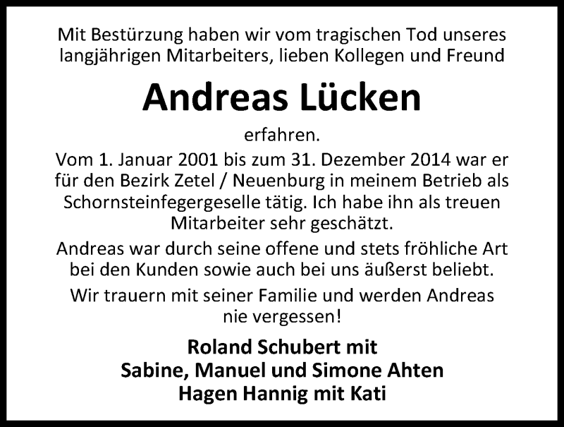  Traueranzeige für Andreas Lücken vom 16.01.2019 aus Nordwest-Zeitung