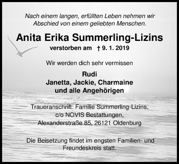 Traueranzeige von Anita Erika Summerling-Lizins von Nordwest-Zeitung