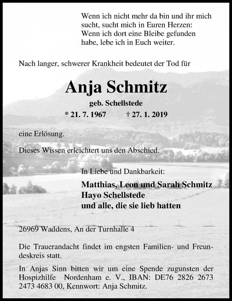  Traueranzeige für Anja Schmitz vom 29.01.2019 aus Nordwest-Zeitung