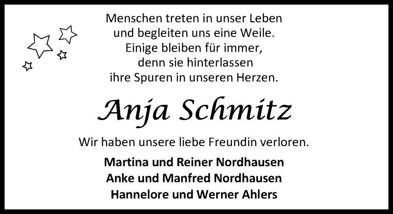  Traueranzeige für Anja Schmitz vom 30.01.2019 aus Nordwest-Zeitung