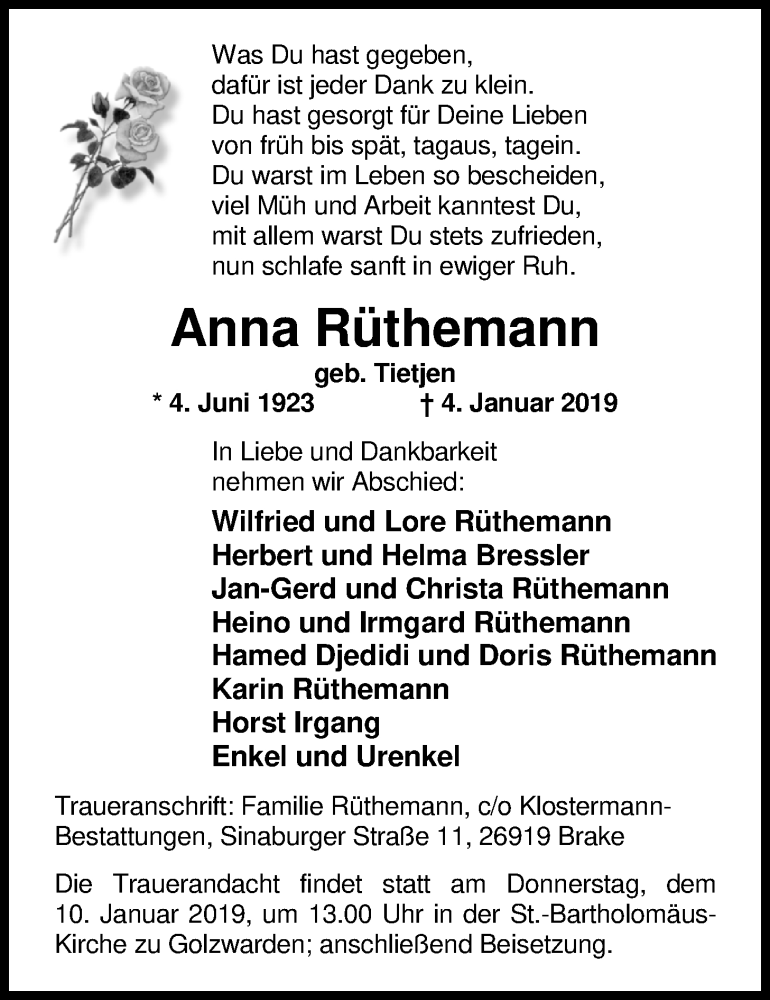  Traueranzeige für Anna Rüthemann vom 08.01.2019 aus Nordwest-Zeitung