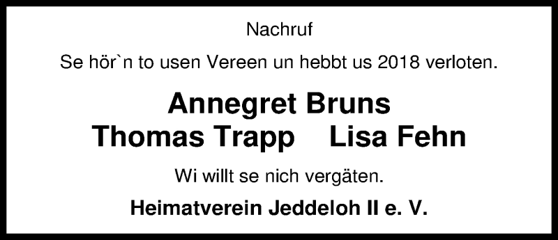  Traueranzeige für Annegret Bruns vom 26.01.2019 aus Nordwest-Zeitung
